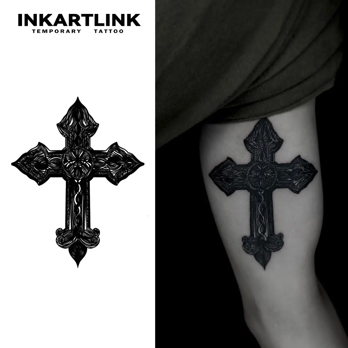 INKARTLINK Tattoo Tech, 2 Sheets Large Semi Permanent Tattoo, Adult Art Design Temporary Tattoos, Lasts 1-2 Weeks, Waterproof, Realistic Look, No Adhesive, No Reflection (Black Cross Design)