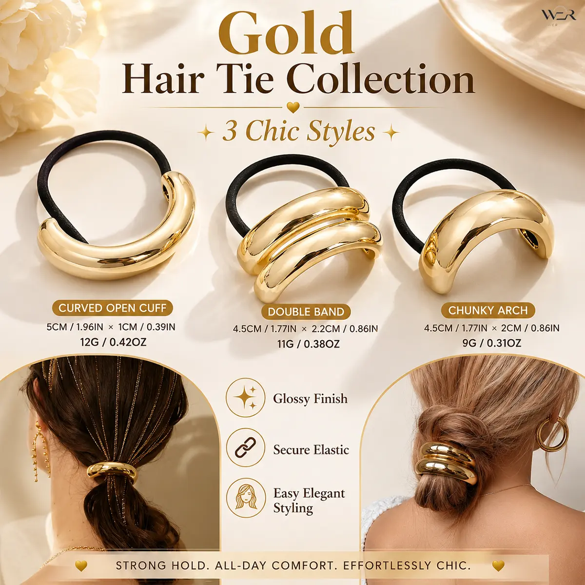 Chic Gold Tone Ponytail Holder with Statement Arch Cuff, Elegant Bridal Wedding Hair Tie for Women, Lightweight Bling Hair Fashion for Messy Buns & Daily Wear, Chunky, Statement Bridal, Ceremony, Curved Cuff, Double Band, Versatile, Everyday, Elastic Hair