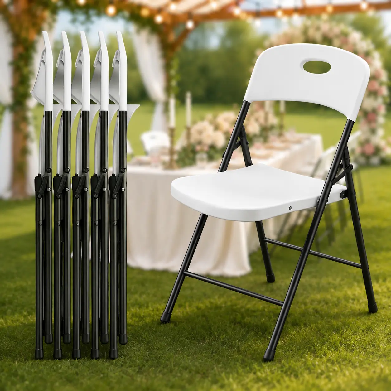 Heavy-Duty Plastic Folding Chair, Ergonomic Back, Outdoor White Folding Chairs for Outside Indoor, Portable 350 lbs Capacity Heavy Duty Plastic Metal Foldable Chairs, Stackable & Portable, for Home, Party, Indoor & Outdoor Use