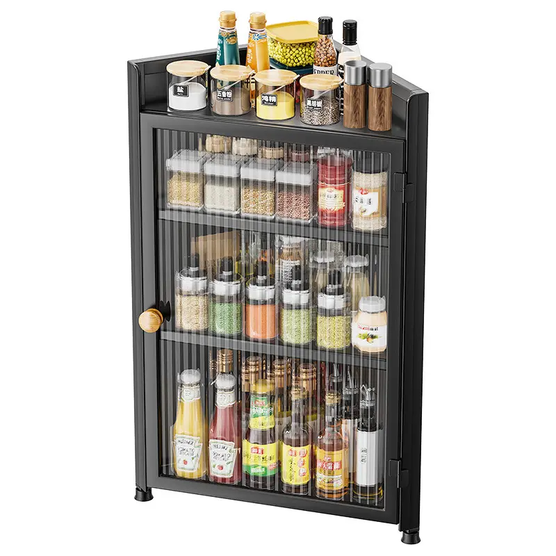 Wall-Mounted Triangular Kitchen Storage Cabinet with Protective Door - No-Drill, Waterproof, Space-Saving Multifunctional Organiser for Oil, Salt, Sauce, Vinegar