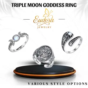 Eudora S925 Sliver Triple Moon Goddess Ring, Adjustable Goddess of Witchcraft Signet Ring with Pentagram & Hecate, Witch Knot, Pagan Jewelry Gift for Men & Women