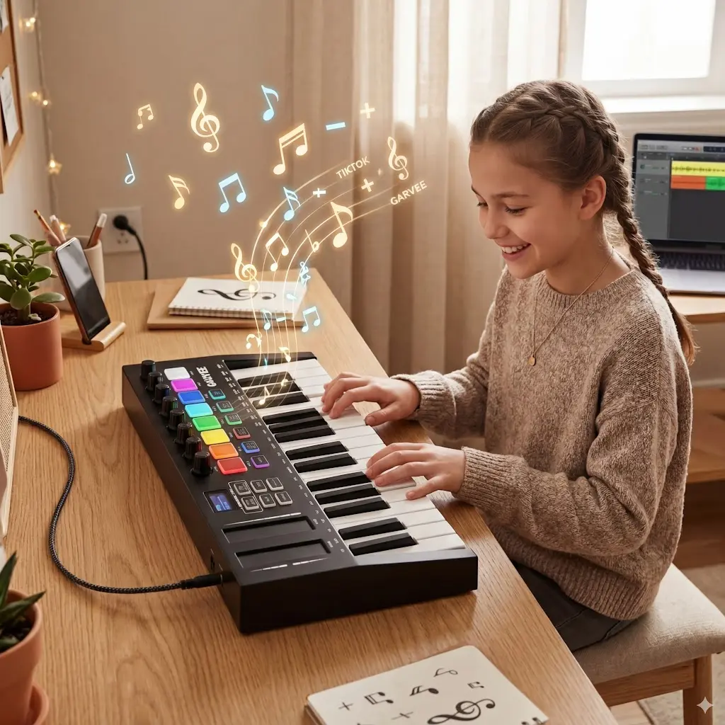 Garvee 25-Key MIDI Keyboard Controller - ABS Compact USB-Connected Device with DAW Integration, 8 Drum Pads, 8 Knobs, OLED Display for Music Production, Any
