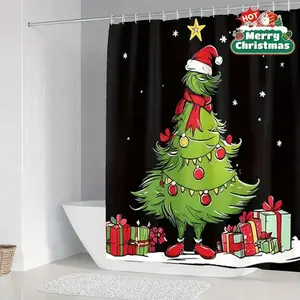 1/4pcs Christmas Tree Theme Shower Curtain Set with Santa Hat Pattern, Decorative Holiday Design, Non-Slip Mat, U-Shaped Rug, Toilet Lid Cover, Includes 12 Hooks