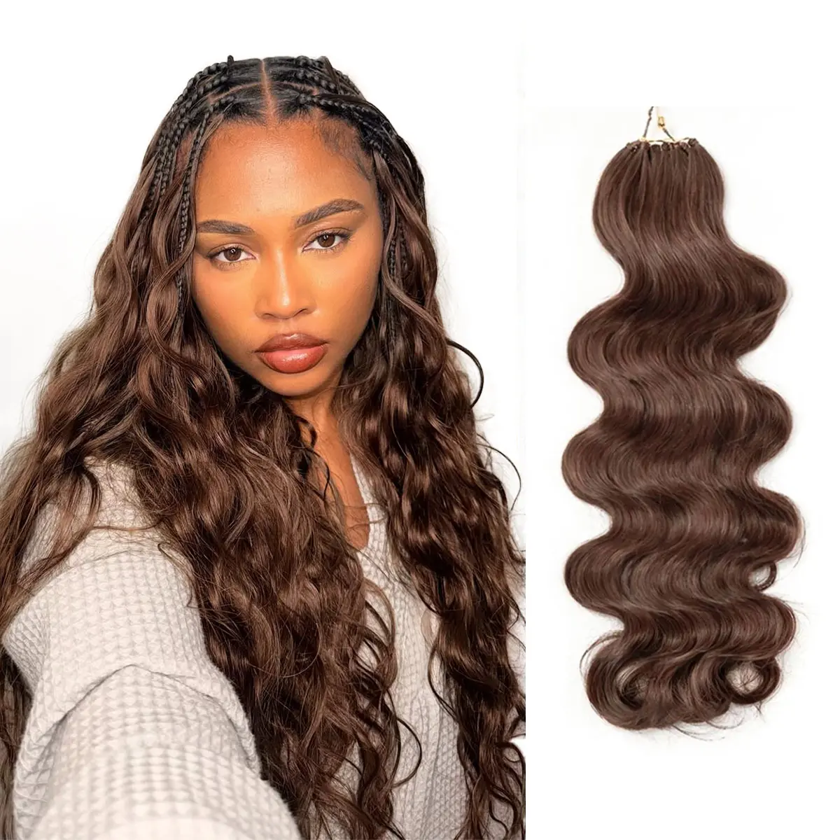 OQ HAIR #4 Brown Body Wave Pre-Separated Feather Crochet 100% Human Hair Extensions For Miracle Knots Boho Braids 4 to 5 Bundles Recommended