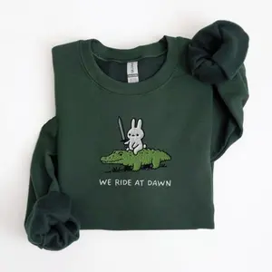 [Made in US] We Ride at Dawn Sweatshirt, Bunny and Alligator Embroidered Crewneck, Gildan 18000, DnD Chaotic Good Shirt, Medieval Ren Faire Gift