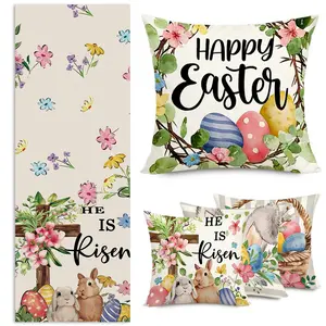 5 Pcs Easter Decorations Set, Includes 4 Pillow Covers & 1 Bunny Floral Egg Table Runner, Perfect for Spring Holiday Home Décor, Cushion slipcovers