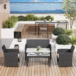 4-Piece Outdoor Wicker Conversation Set, Compact Patio Sofa & Tempered Glass Table with Cushions for Backyard, Porch, Poolside