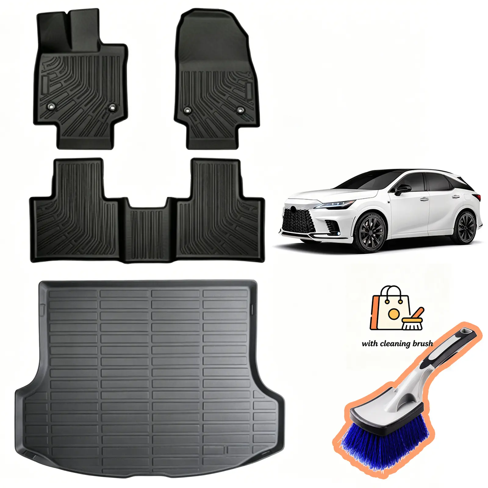 Canvcle Custom Fit 3-Piece Synthetic Curved TPE Car Accessories Floor Mats & Cargo Liner for 2023-2026 Lexus RX350/RX350h/RX500h (Not for RX450h+ PHEV), Anti-Slip, Waterproof, All-Weather Liners, Free Cleaning Brush with Purchase, Anti-Slipping