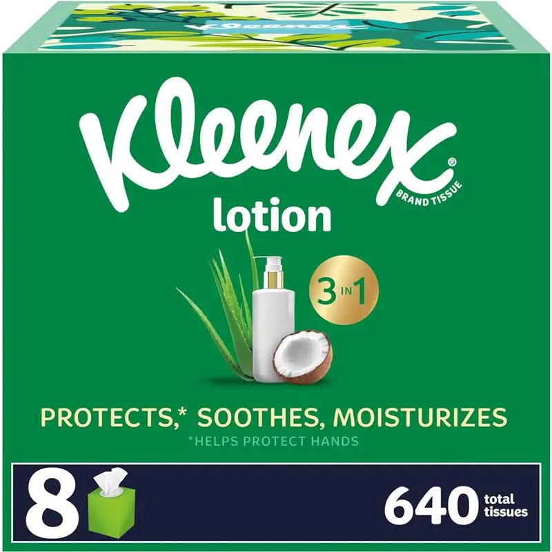 Kleenex Lotion Facial Tissues with Coconut Oil, 80 Tissues Per Box, 3-Ply, 3-in-1 Skin-Loving Benefits, Skin Moisturizing & Soothing - Napkin, Wipe
