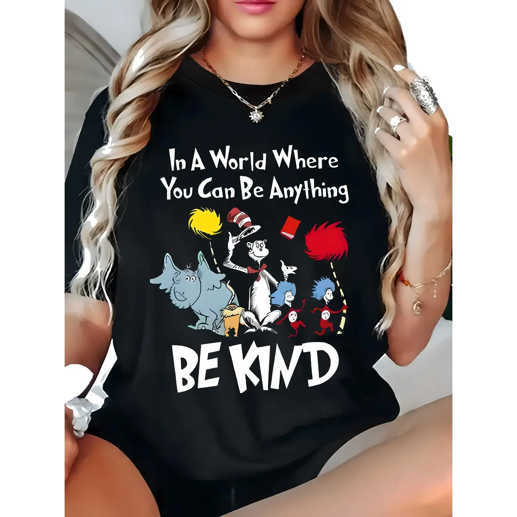 Women's "Be Kind" Graphic Tops - 100% Cotton Loose Round Neck Short-Sleeve Casual Inspirational Everyday T-Shirt, Shortsleeve, Digital Print, Draped Cut
