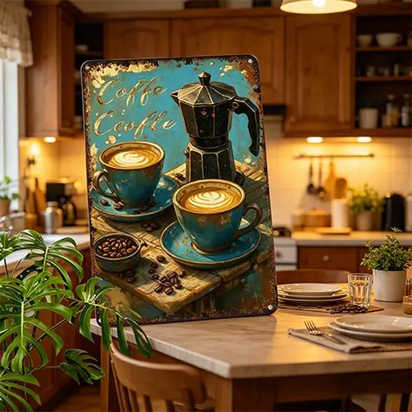 Vintage Coffee Moka Pot Aluminum Metal Sign Poster - 8x12 Inch Retro Coffee Lover Wall Decor, Antique Coffee Art Print for Kitchen Cafe Bar Home