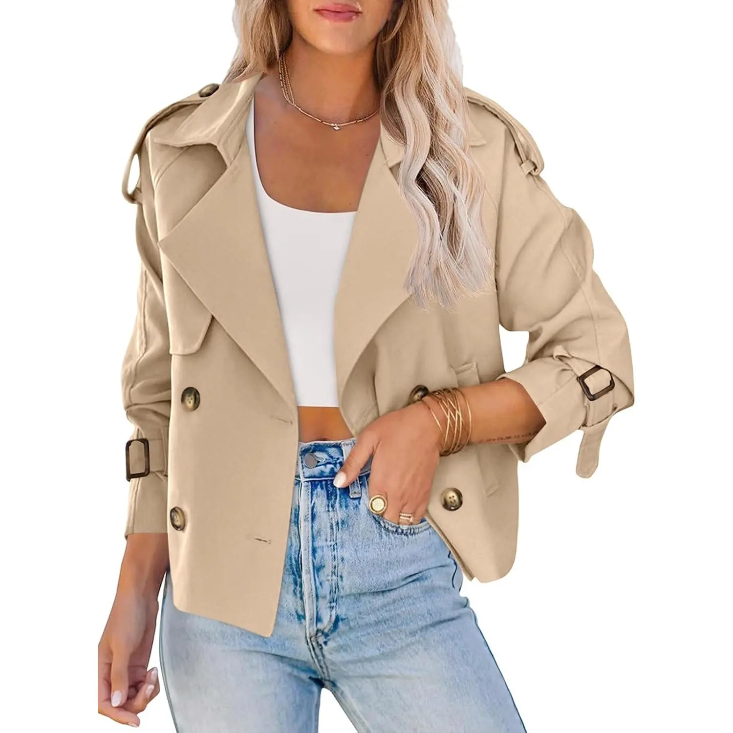 Imily Bela Women Crop Double Breasted Trench Coat Raglan Sleeve Work Office Cropped Jacket With Pocket
