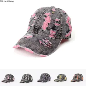 Men'S & Women'S Distressed Washed Baseball Cap - Vintage Denim with Pink & Frayed Hem, Adjustable Snapback Closure, Lightweight Sun Hat for Outdoor Travel, Casual Streetwear, Unisex Comfortable Washed Cap (Ideal Gift) - Multi-Color Options Available