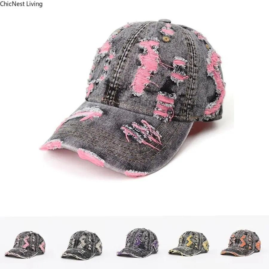 Vintage Washed Cotton Baseball Cap for Women, Distressed Style with Frayed Hem, Adjustable for Casual Outfits & Outdoor Travel, Adjustable Caps, Casual Outfits Cap