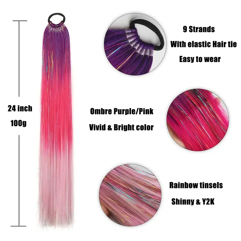 Purple Red Pink Tinsel Ponytail Extension with Elastic Hair Tie Synthetic Braiding Hair For   Crazy Hair Day Brave Hair