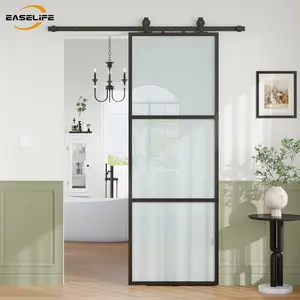 Easelife Black Frame Sliding Glass Door – Modern Interior Door for Bathroom or Bedroom, Exterior Mount with Frosted Glass & Hardware Kit