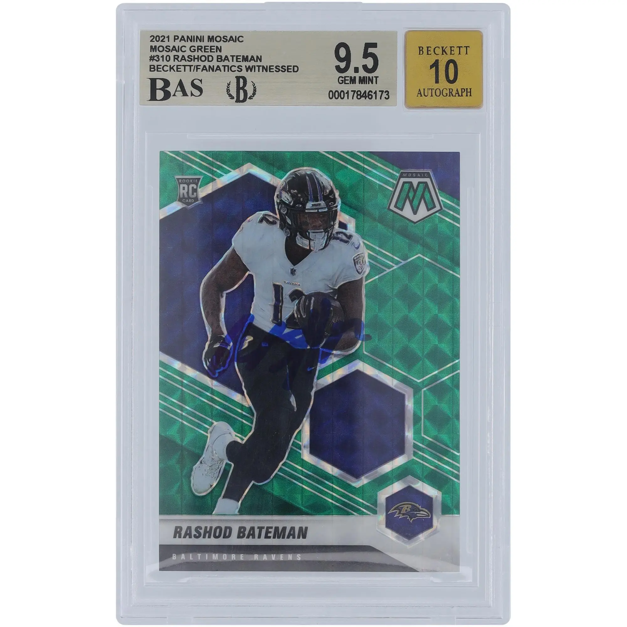 Rashod Bateman Baltimore Ravens Autographed 2021 Panini Mosaic Mosaic Green #310 Beckett Fanatics Witnessed Authenticated 9.5/10 Rookie Card - Fanatics Authentic Certified