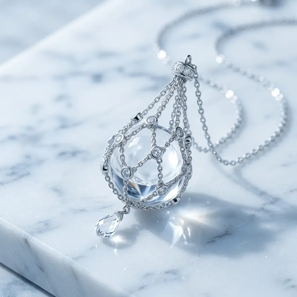Women's A-Grade Natural White Quartz Crystal Necklace - 16mm Handmade Net Bag Natural Stone Pendant, Adjustable Chain, Replaceable Gem Design, Daily Wear Christmas Gift, Gemstone Crystal Necklaces