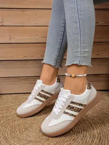 Women's Flat Sneakers, Lace-Up Shoes, Comfortable Fashion Leopard Patchwork, Daily Wear, Durable Design, All-Season Casual Shoes, Low Top Trainer