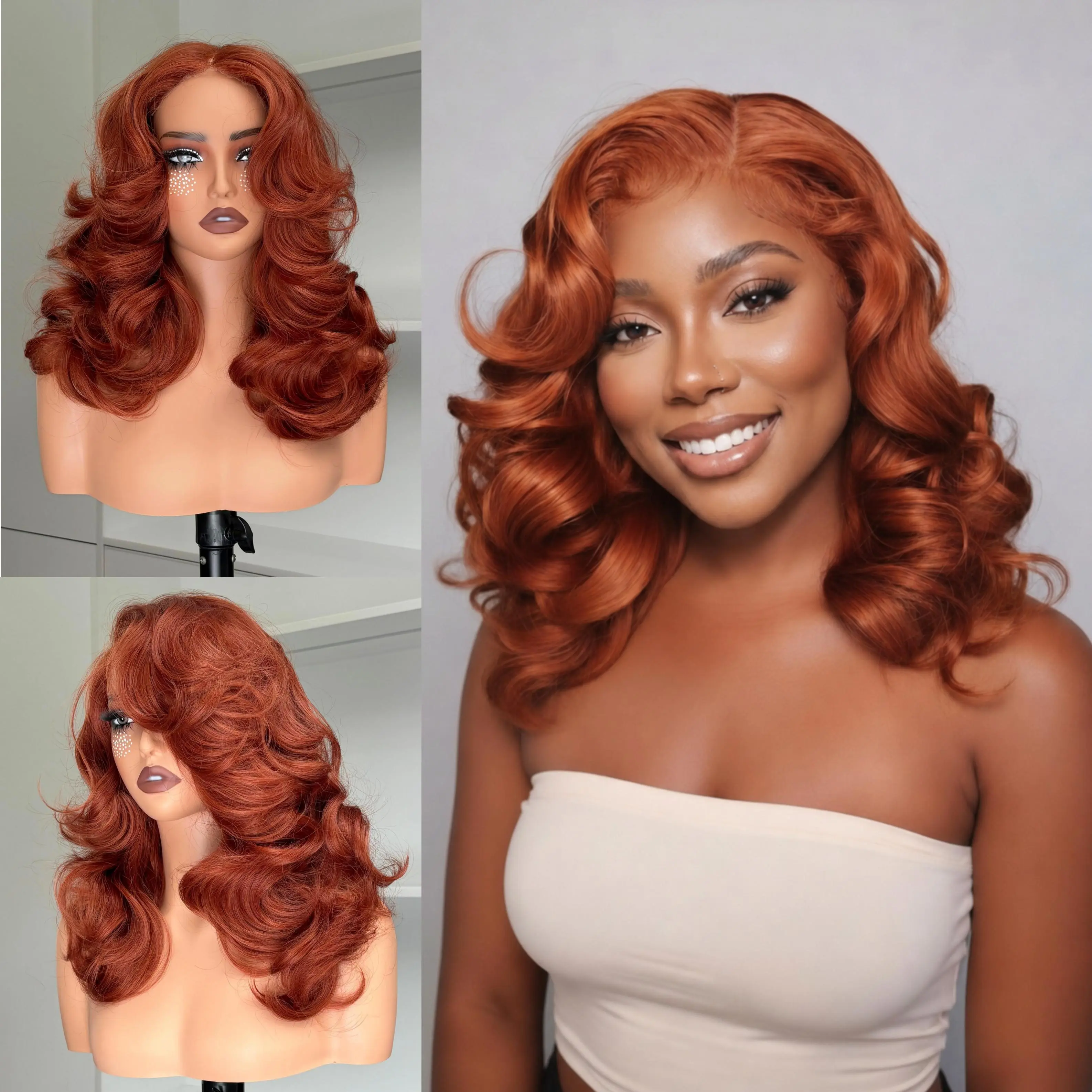 [70s Layers] Beginher Hair 20 inches Heat Resistance 200% Density Farrah Fawcett Layers Style Middle Part 4x4x1 T-Part Lace Synthetic Wear Go Beginner Friendly Pre Cut Glueless Wigs Ginger Color