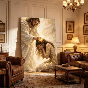 Healed By Him Christian Art Canvas, Jesus and Woman Wall Art, Jesus Print, LDS Art, Bible Art, Jesus with Girl, Religious Prints, Jesus Wall Art, Jesus Art Decor Decoration Artistic posters, Kintsugi Faith Canvas, Christian Housewarming Gift