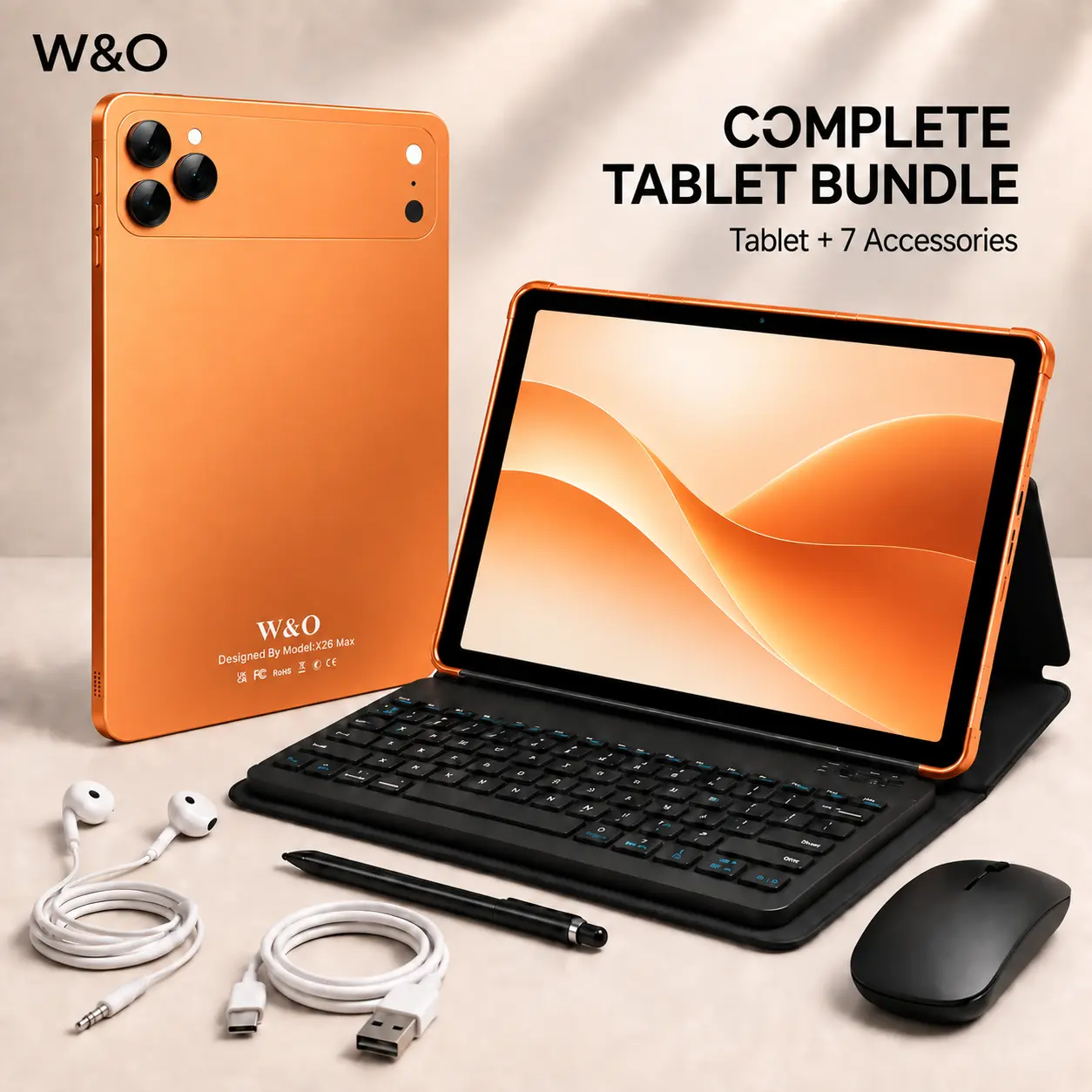 W&O X17 Ultra Android 15 Tablet Computer, 10.1" OLED Display Touchscreen, 6+2GB RAM, 256GB Storage, Hexa-Core Processor, 9-in-1 Bundle (Keyboard, Mouse, Stylus, Case, Charging), 16MP Rear Camera, Tablets with Keyboard for Students