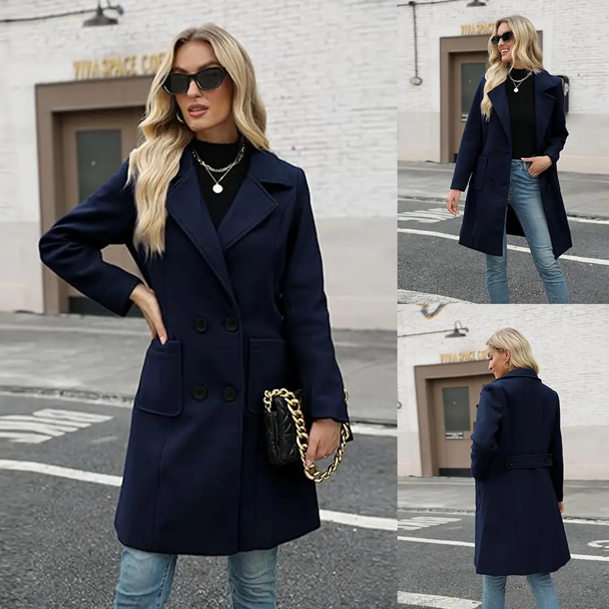 Naeduo Women's Elegant Double-Breasted Pea Coat, a Thick Wool Blend Winter Fashion Piece with a Lapel Collar and Button Closure