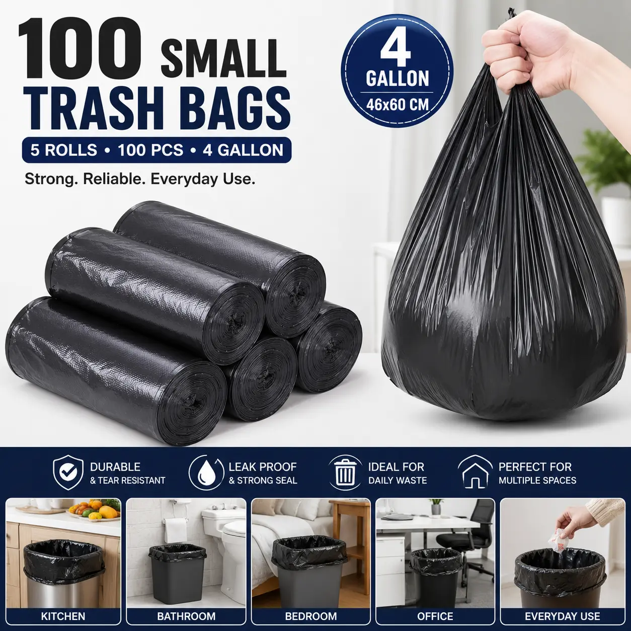 100 Small Trash Bags (5 Rolls), 46 × 60 cm, 4-Gallon Garbage Bags for Kitchen, Bathroom, Bedroom, and Office Use