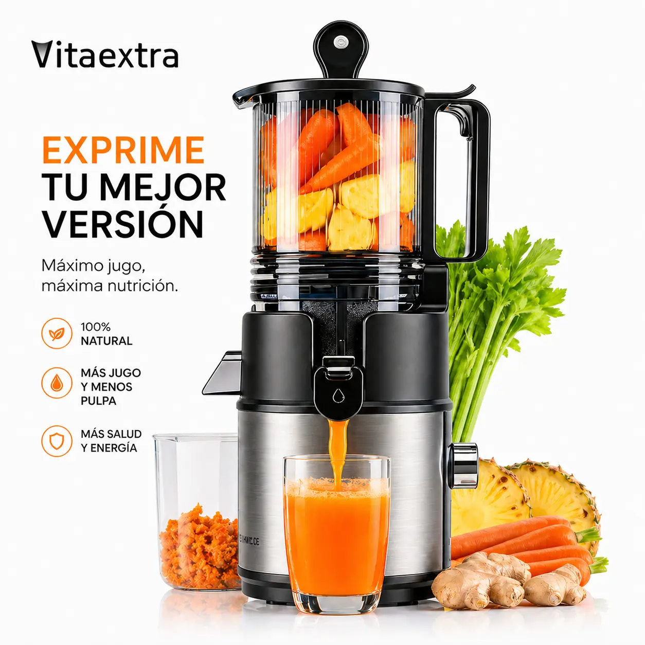 Vitaextra Cold Press Juicer, 5.8" Wide Chute for Whole Fruits, Quiet Juicer for fruits and vegetables, carrots, ginger, frozen fruits, etc. 250W AC Motor High Yield Quiet Juicer, BPA-Free 18-Month Warranty, Easy to Clean homeessentials