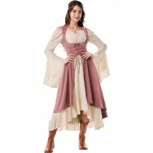 Women’s Two-Piece Renaissance Costume Set — Low-Bust Pirate/Farmer Asymmetrical High-Low Dress with Collar, Autumn Outfit for Women, Suitable for Halloween, Can Be Worn with a Raincoat