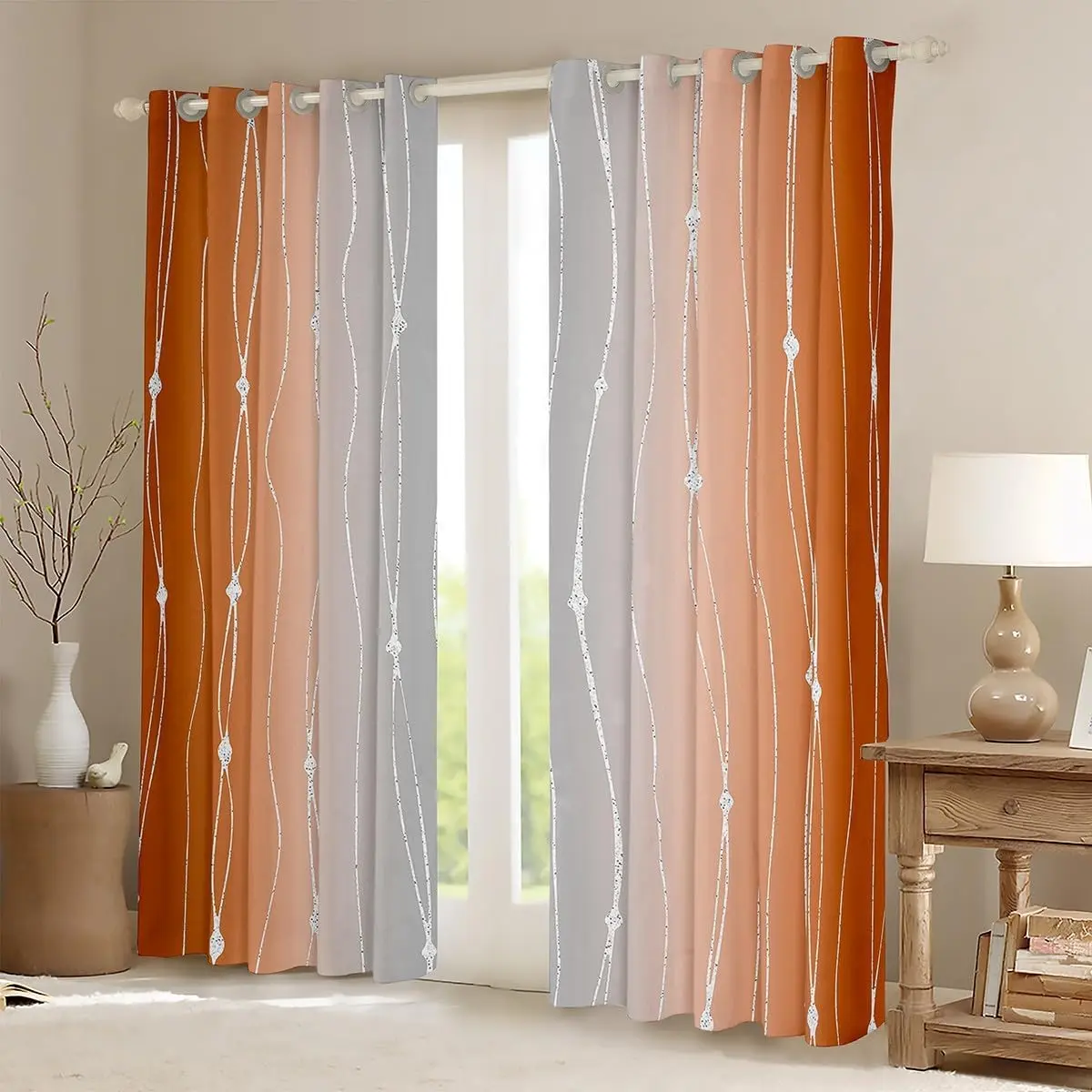 Feelyou Smooth Velvet Window Curtains - Colorful Grey-Orange Watercolor Wave Stripe-Dot Geometric Ombre Gradient, 50% Partial Blackout Grommet Curtains, Multi-Size Home Textile for Bedrooms, Living Room Decoration, Colorful Curtains