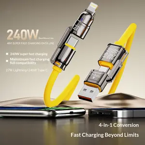 2026 240W Silicone 4-in-1 Multi-Fast Charging Cable (47in) with USB A, Type C, Lightning Ports for iPhone 17/16, Samsung Smartphones/Cellphones, Laptops - Smart PD/QC Dual Input Output Led Charger, Retractable