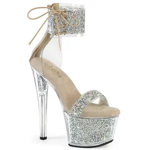 Women's 7-in Stiletto Footwear - SKY-327RSI Nude Silver Rhinestone Sandals, Flared Heel Platform Sandals