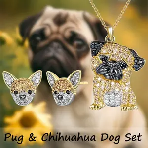 3 Pcs/Set Stylish Adorable Pug Pendant Necklace & Chihuahua Stud Earrings Set, Golden Alloy Jewelry, Perfect Birthday/Christmas Gift for Family, Friends
