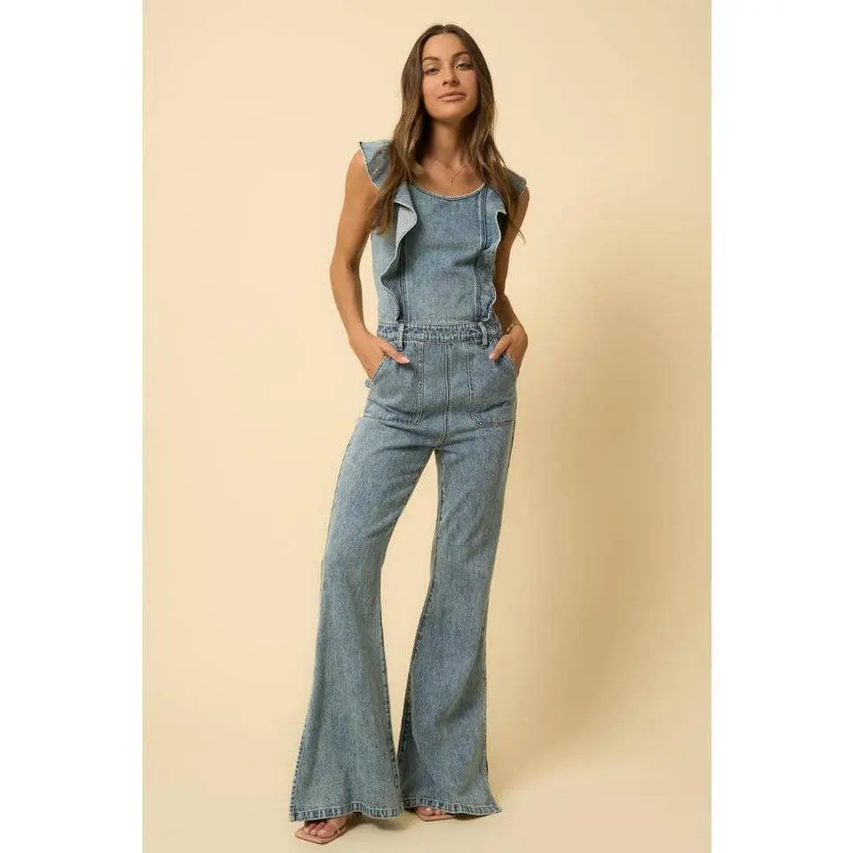 Backless ruffle Jumper Cotton Fit Denim Jumpsuit