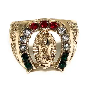 Gold Plated Virgin Mary Red,Green,White CZ Horseshoe Ring Virgen Guadalupe Anillo