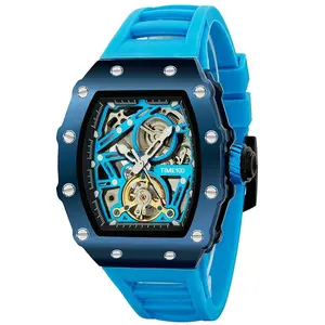 Automatic Mechanical Watches for Men Skeleton Square Big Face Wristwatch Adjustable Silicone Strap