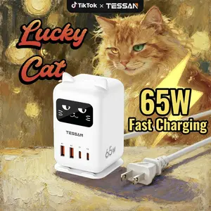 Tessan PD 65W Lucky Cat USB Charging Station for Multiple Devices, Desktop Tower Cat-Shaped Charging Companion with 4 USB Ports for Smartphones, Tablets, Pads and Other Electronic Devices in Office Home Dormroom
