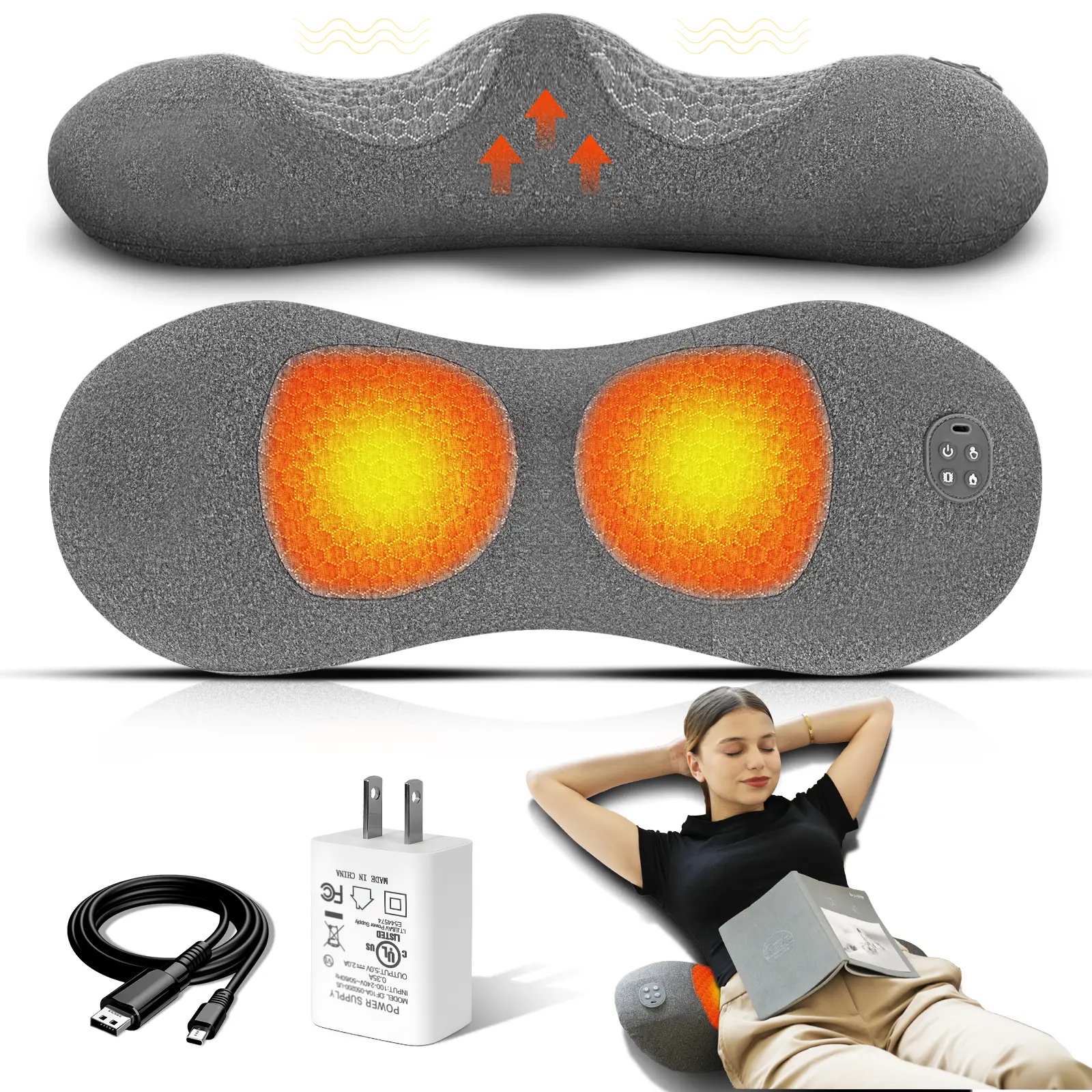3-in-1 Triple Fusion Back Massager: Heat, Vibration and Air Traction. Electric Lumbar Support Pillow for Easing Lower Back Discomfort. Spinal Decompression for Bed, Office Chair, Couch & Recliner