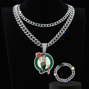 Fashion Personality Full Diamond Portrait Basketball Pendant Necklace, Men's Hip Hop Cuban Chain Bracelet Three-piece Set