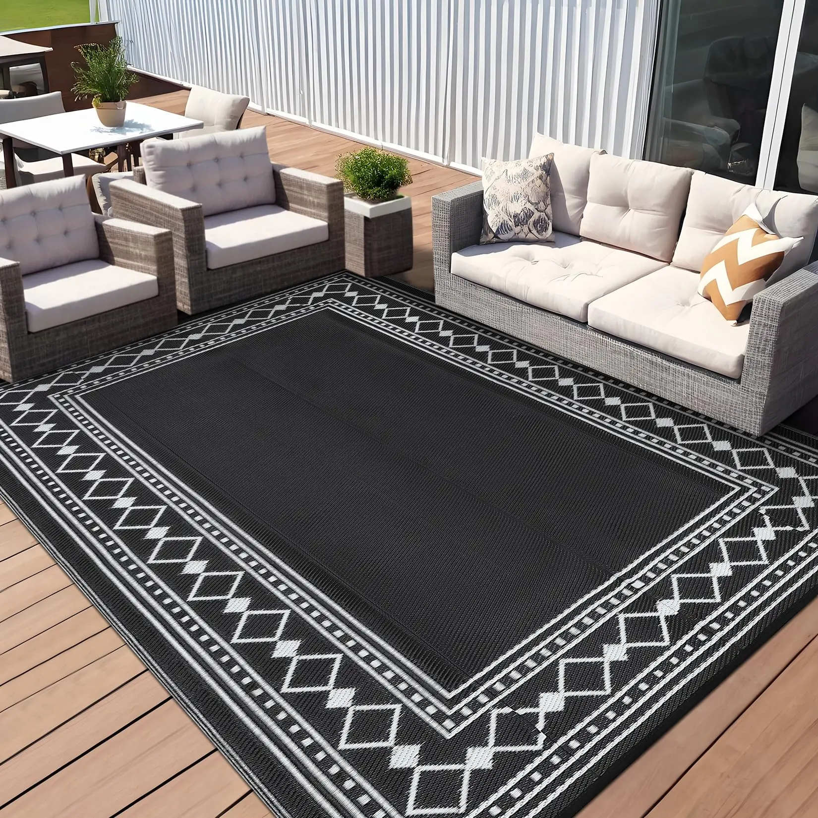 GARVEE Outdoor Rug Waterproof for Patio Decor 9x12 Reversible Plastic Straw Carpet, Outside Camping Mats for Outdoor Decor, RV, Backyard, Deck, Balcony, Picnic, Black & White