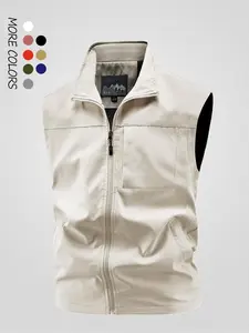 Men's Solid Color Hooded Vest Jacket, Stand Collar Multi-Pocket Sleeveless Coat, Windproof Waterproof Casual Sports Waistcoat, Regular Fit Outdoor Fishing Vest, All-Season Men's Jacket, Menswear