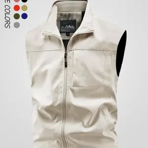 Men's Solid Color Hooded Vest Jacket, Stand Collar Multi-Pocket Sleeveless Coat, Windproof Waterproof Casual Sports Waistcoat, Regular Fit Outdoor Fishing Vest, All-Season Men's Jacket, Menswear