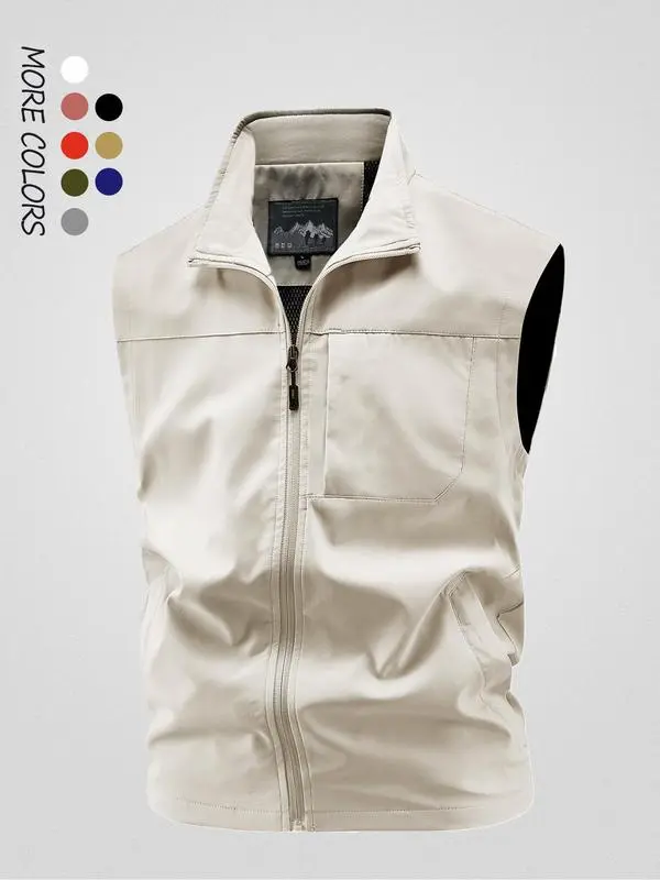 Men’s solid-color hooded vest jacket with stand collar and multiple pockets; multifunctional outdoor windproof and waterproof casual sports vest; regular-fit outdoor fishing vest; men’s outerwear suitable for all seasons. #SummerWins #fathersdaygift