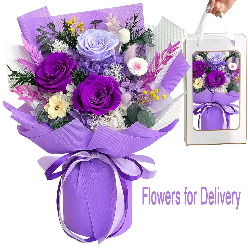 Flowers for Delivery Prime, Forever Flowers Preserved Flowers Bouquets Purple Roses Flower Birthday Gifts for Women Mom Wife, Grandma Her, Mothers Day Gifts