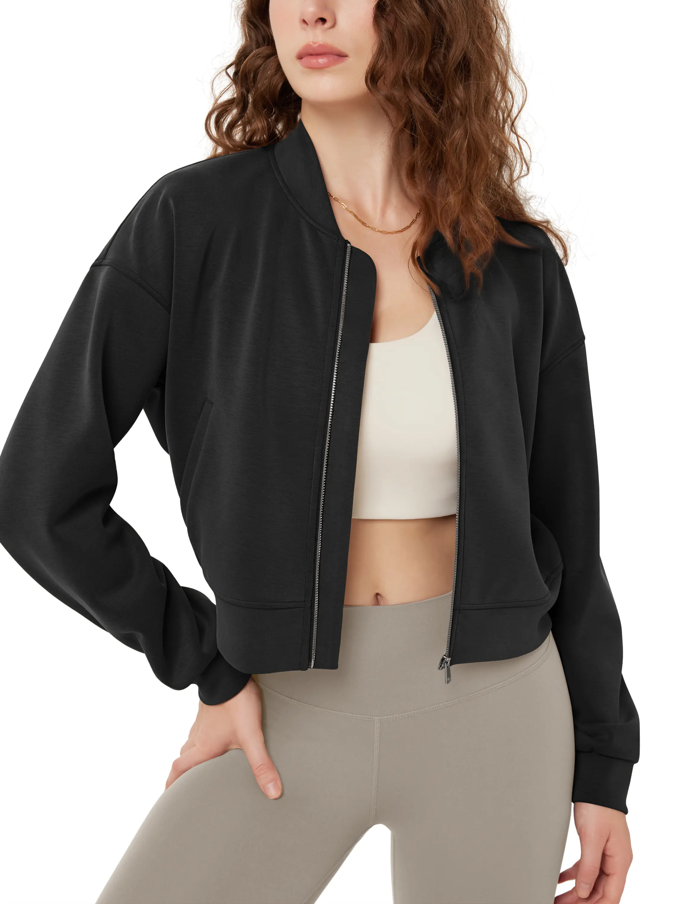 ODODOS Women's Coats, Elegant Full-Zip Cropped Bomber Jacket in Soft Modal Polyester Fabric with Pockets, Zipper, Elastane, Fitted