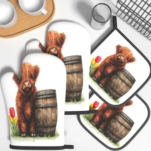 4pcs Heat Resistant Oven Mitts And Potholders Cute Highland Cow and Barrel Oven Mitts And Pot Holders Sets Suitable For Kitchen Decoration, Cooking, Grilling, Baking And Great Holiday Camping Picnics Gifts Kitchenware