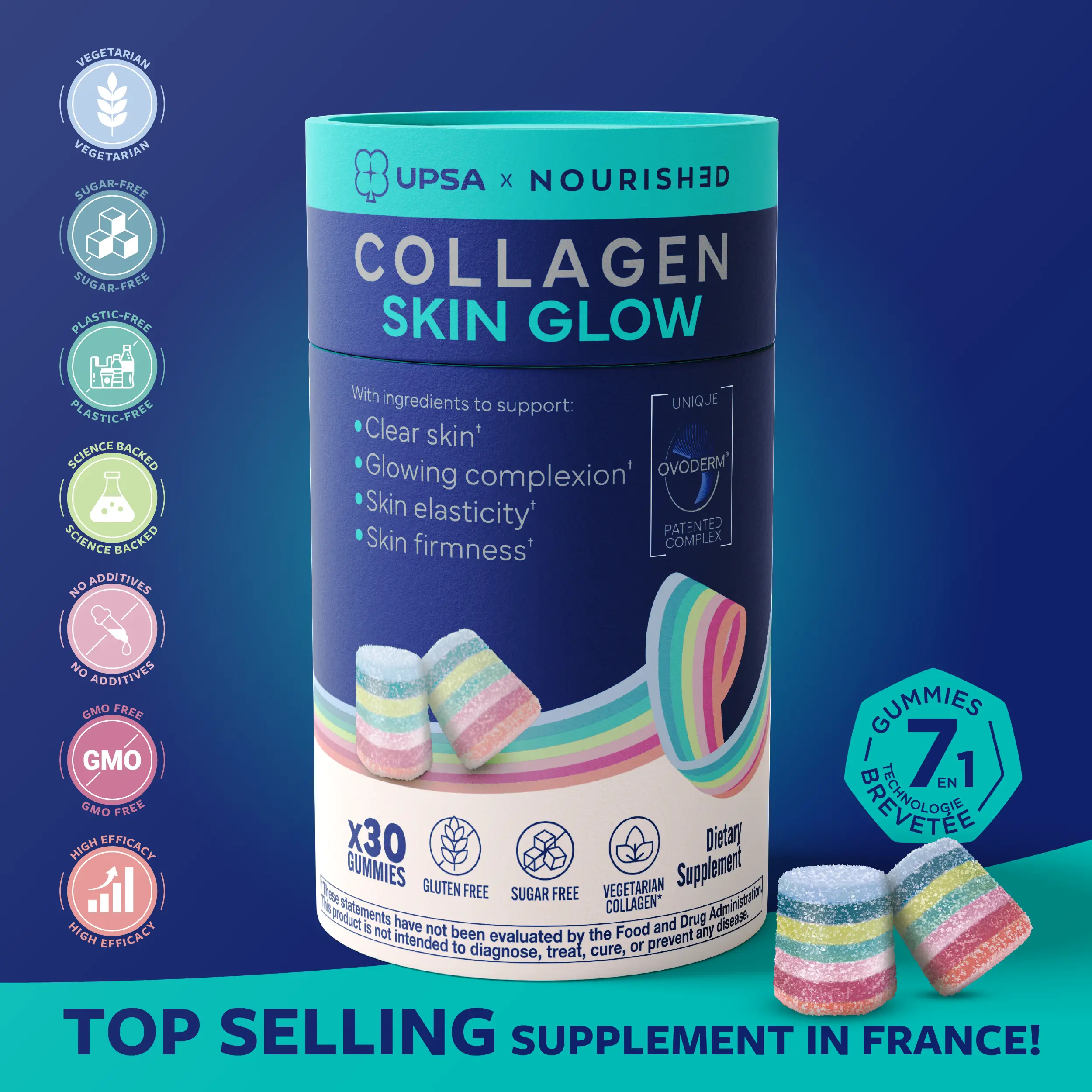 UPSA Skin Glow Collagen Gummies - Structuring Peptides - Clear, Glowing & Firm Skin, Acne & Oil Control, Helps Brighten from Within | Clinically Proven | Vegetarian Collagen with Ovoderm | Patented 7-Layer Technology | Sugar-Free, GMO-Free, 1 Month Supply