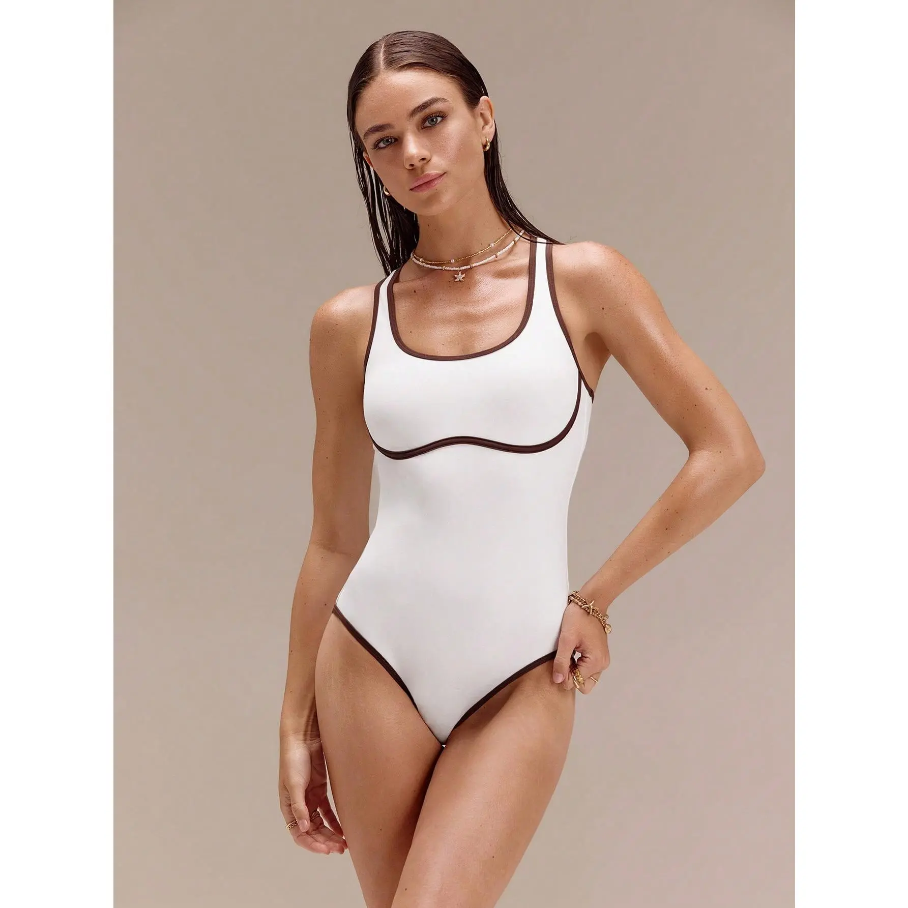 GLOWMODE Chlorine-Resistant Sun-Chaser Sun-Protective Removable Cups Keyhole Back Design Contrast Piping High Cut One Piece Swimsuit Swimming Beach Pool Holiday Vacation Summer Wear