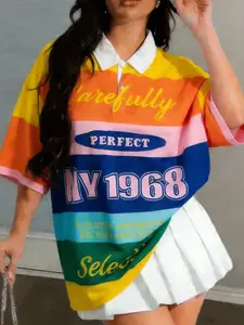 Y2K Vintage Gradient Polo Neck T-Shirt, Slimming Oversized Print Top, Rainbow Stripe Design, Retro Style, Streetwear, Music Festivals, Campus